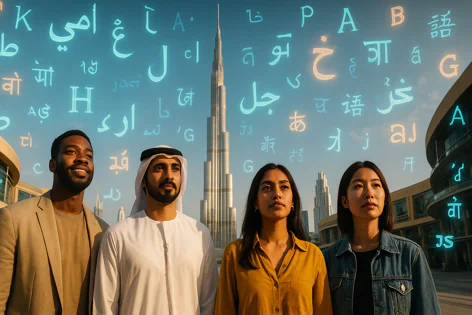 Four diverse people stand outdoors with the Burj Khalifa behind them, surrounded by glowing letters from various world languages floating in the sky.
