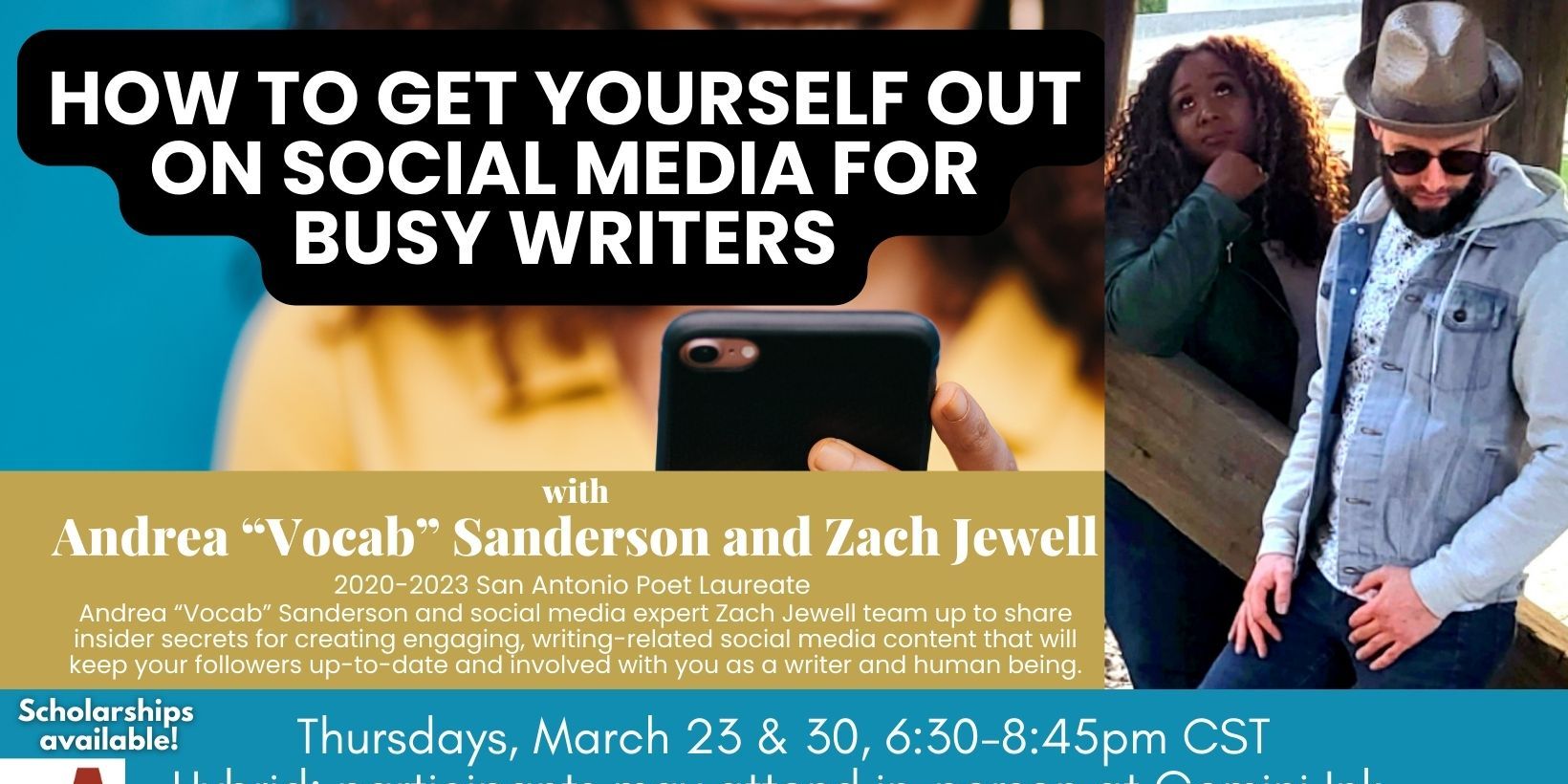 How to Get Yourself Out on Social Media for Busy Writers with Andrea “Vocab” Sanderson and Zach Jewell promotional image