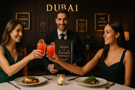 Celebrating a culinary award: A man holds the 'Award of Culinary Excellence' plaque as two women toast with red cocktails at a restaurant table with food.