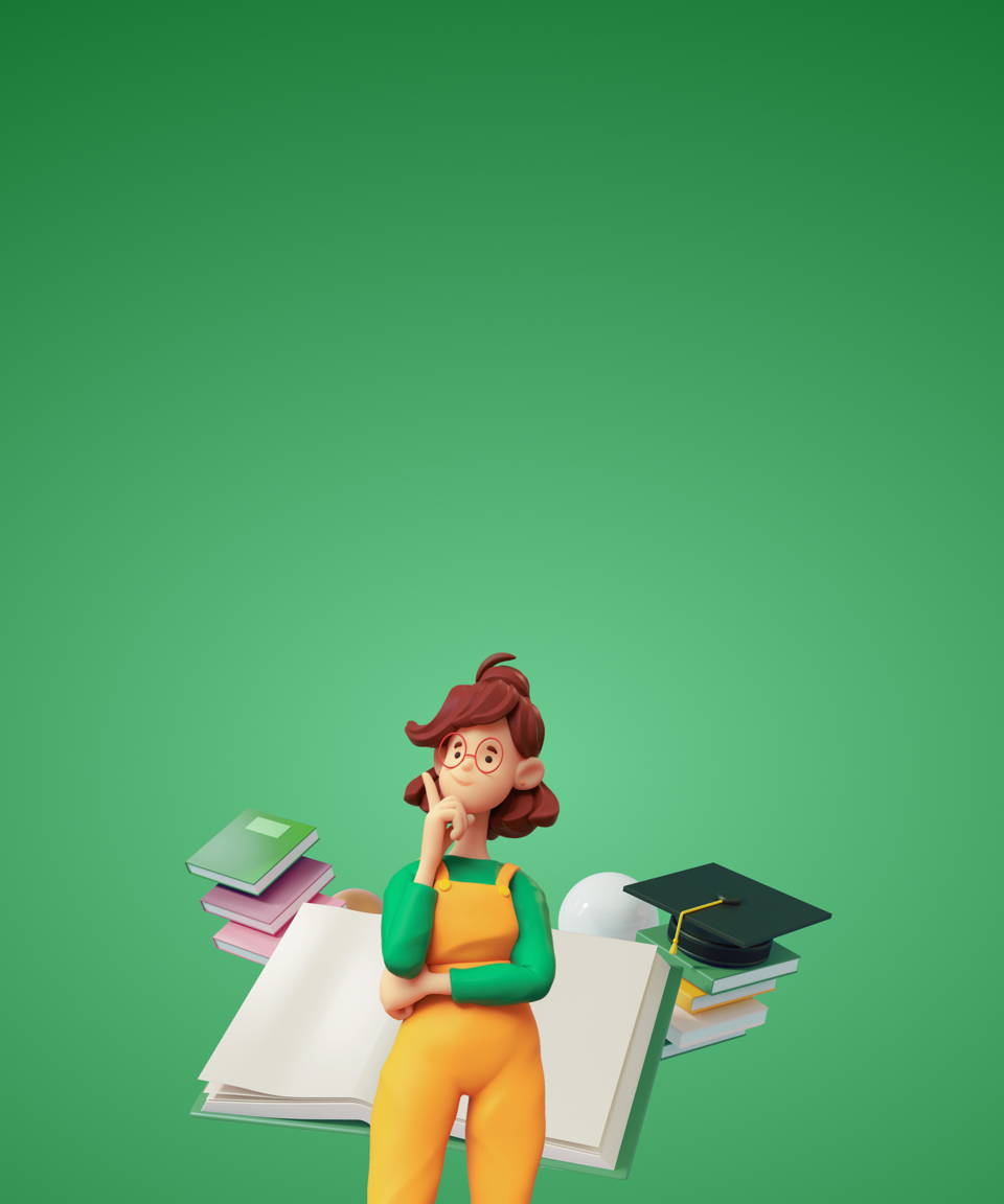 Woman thinking with a pile of books and a graduation cap (small)