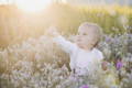Baby sitting in the flower field and looking at the sky. 