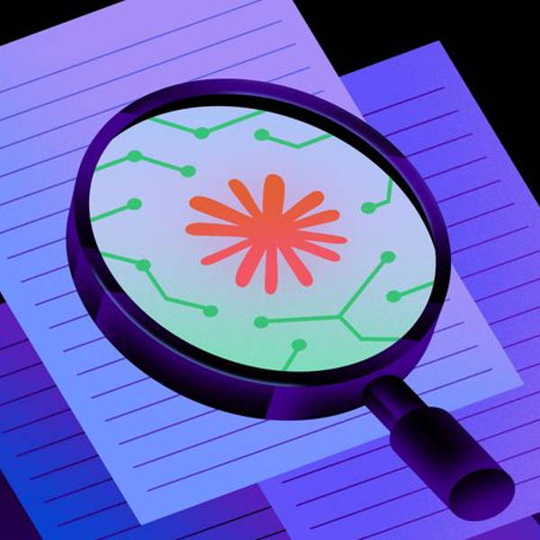 Illustration of a magnifying glass over Claude A.I.’s logo.