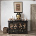 An antique Chinese sideboard with black lacquer and exquisite hand painted flower designs from Shanxi province