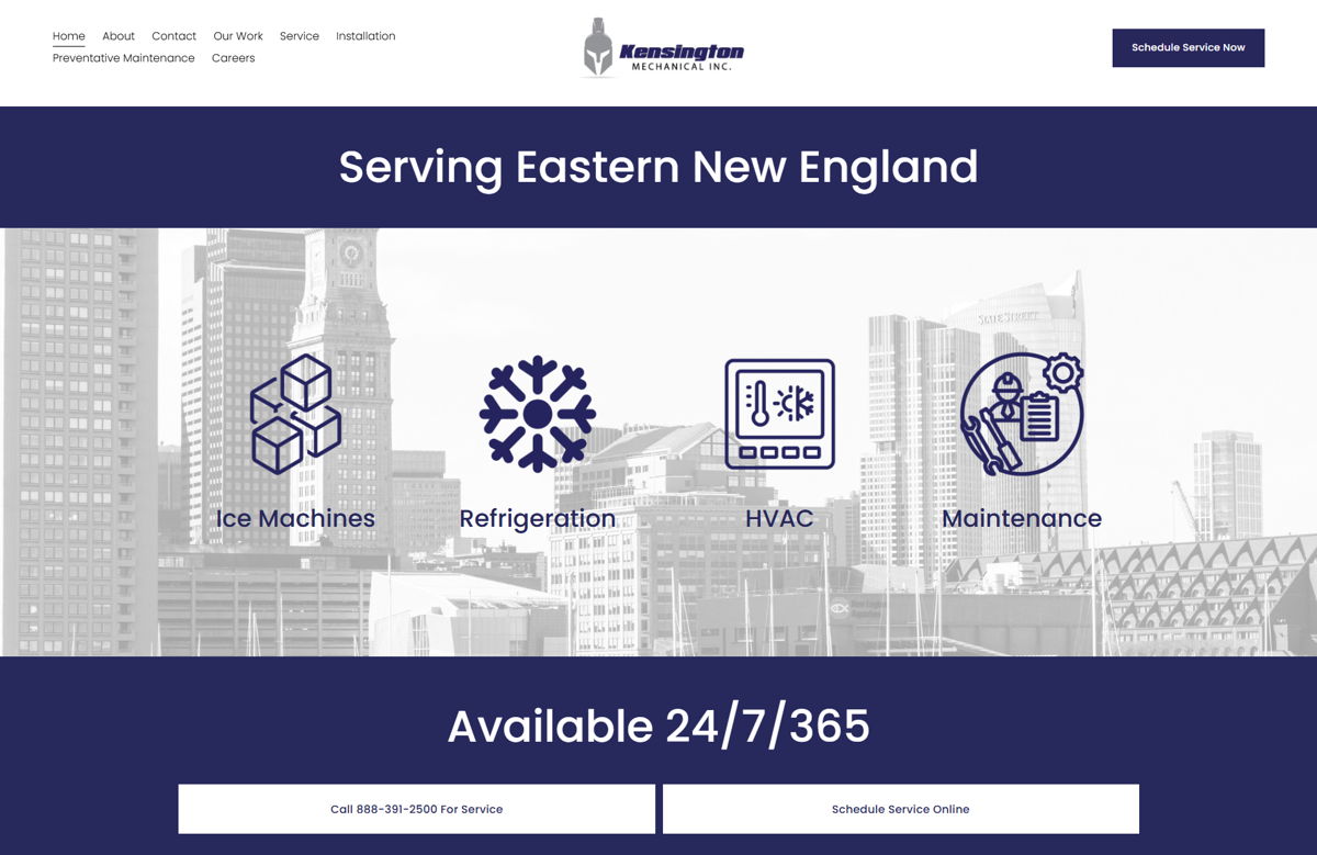 Screenshot of Kensington Mechanical, from the website hero section designs collection.
