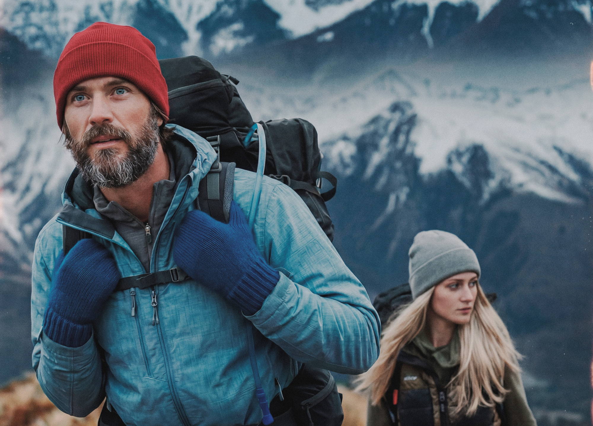 Hikers wearing knit beanies and mittens in the mountains