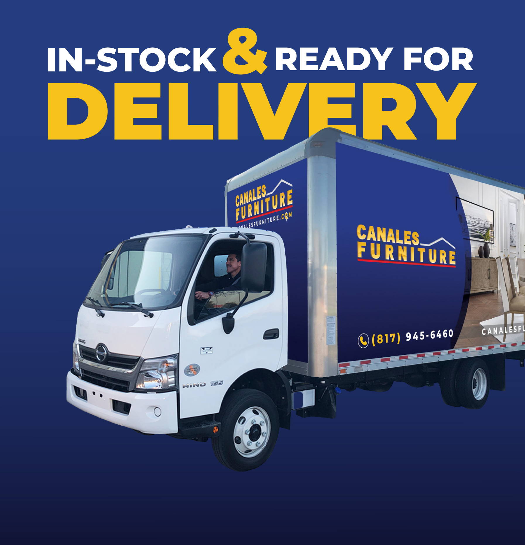 Delivery truck with “in-stock and ready for delivery” message. Click to explore all in-stock items.
