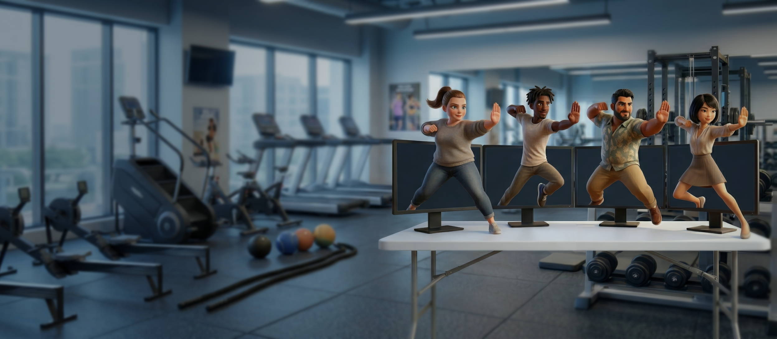 Four small people, like little action figures, doing fighting moves on a desk (in a gym) with screens behind them. 