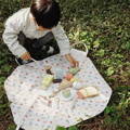 Little boy playing with a Montessori Picnic Set in the park.