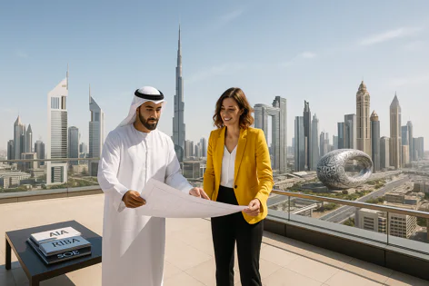 Man in traditional attire and woman in yellow blazer reviewing blueprints on a rooftop with the Dubai skyline, Burj Khalifa, and Museum of the Future in the background.