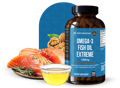 A bottle of the best fish oil supplements singapore surrounded by sources of Omega-3