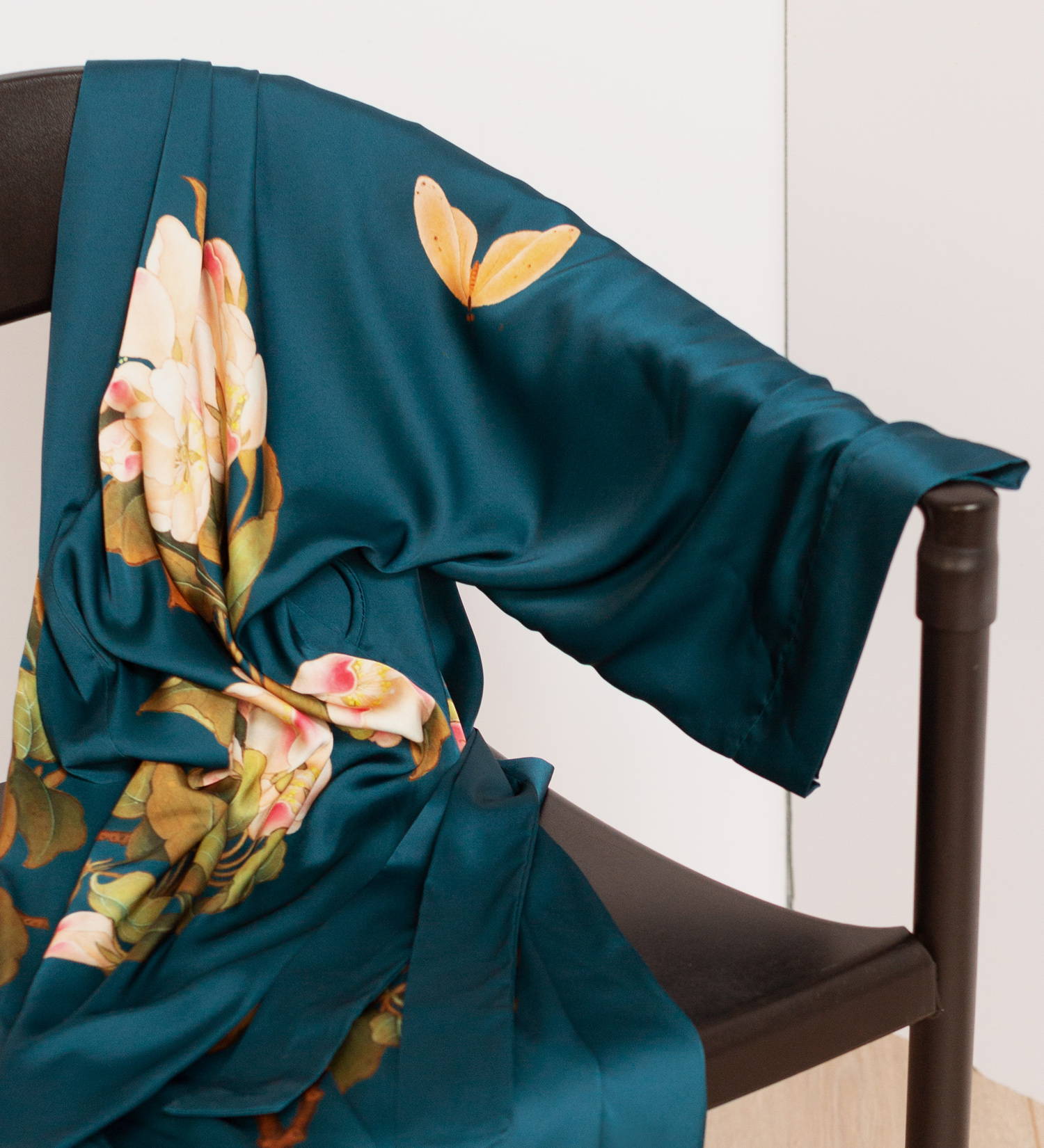 Peony & Butterfly Kimono Robe in Vintage Teal