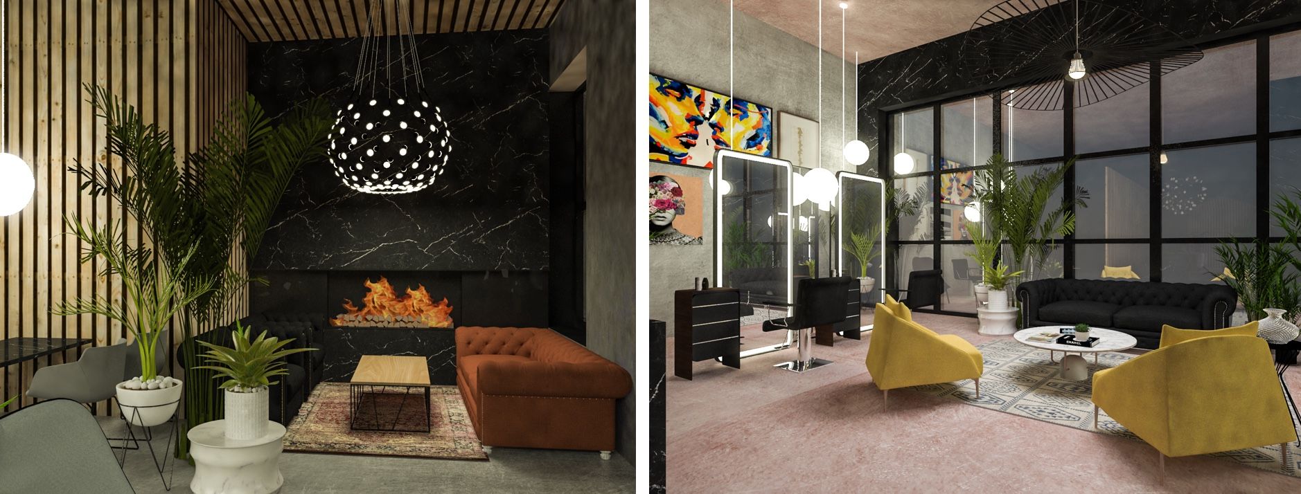 Digital renderings of The Living Room (left) and The Parlor (right)