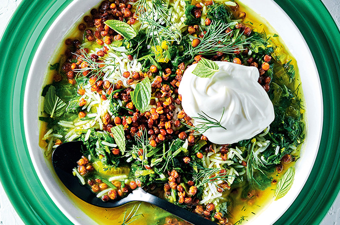 Spinach and Herb Stew with Crispy Lentils