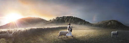 Jesus walking away from a large flock of sheep to reach a distant lamb.