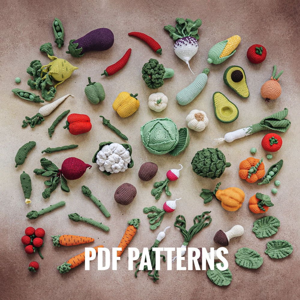 ALL VEGETABLES crochet patterns PDF - Farmer's Market - Play food amigurumi toy. Crochet food digital pattern. Crochet vegetables market bag
