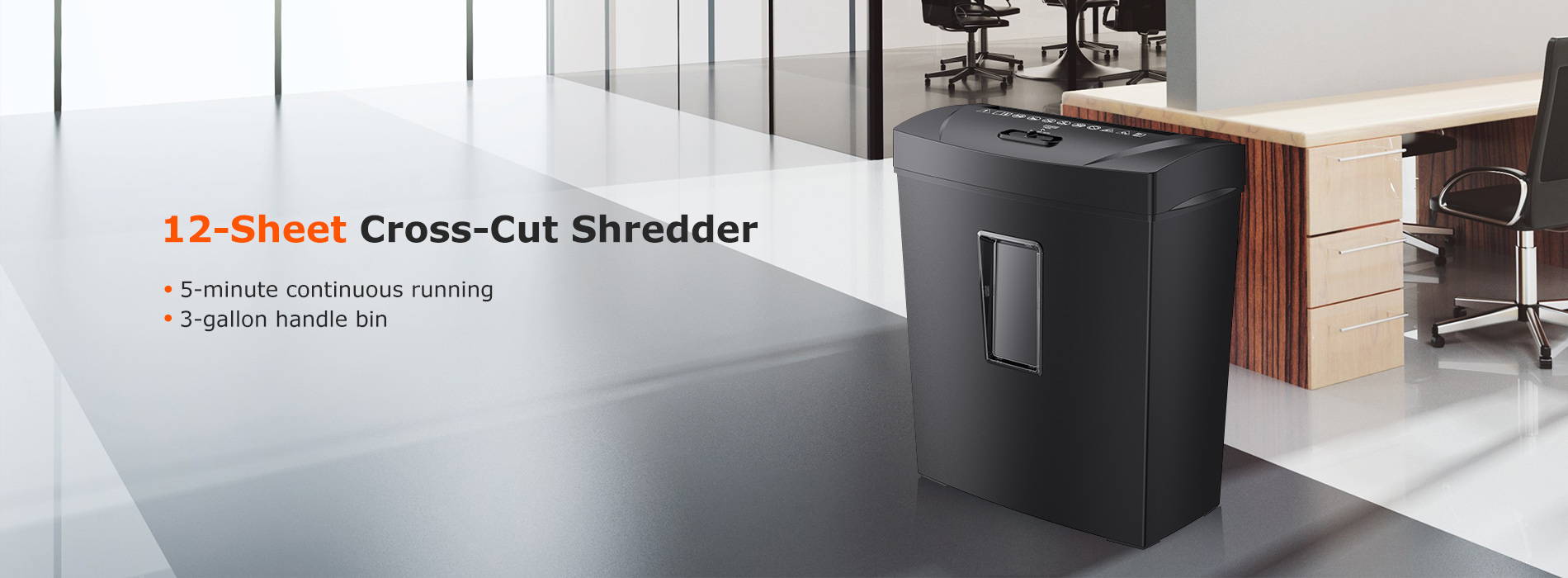 12-Sheet Cross Cut Shredder- 5 minutes continuous running 3-gallon handle bin