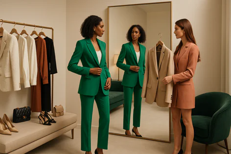 Two women in a stylish dressing room. One wears a vibrant green suit and looks at her reflection in a large mirror. The other holds a tan blazer next to her tan dress.