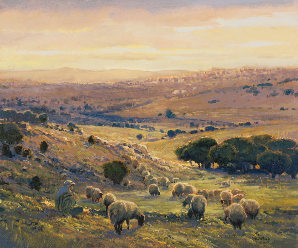 Painting of sheep grazing in a landscape wide prairie.