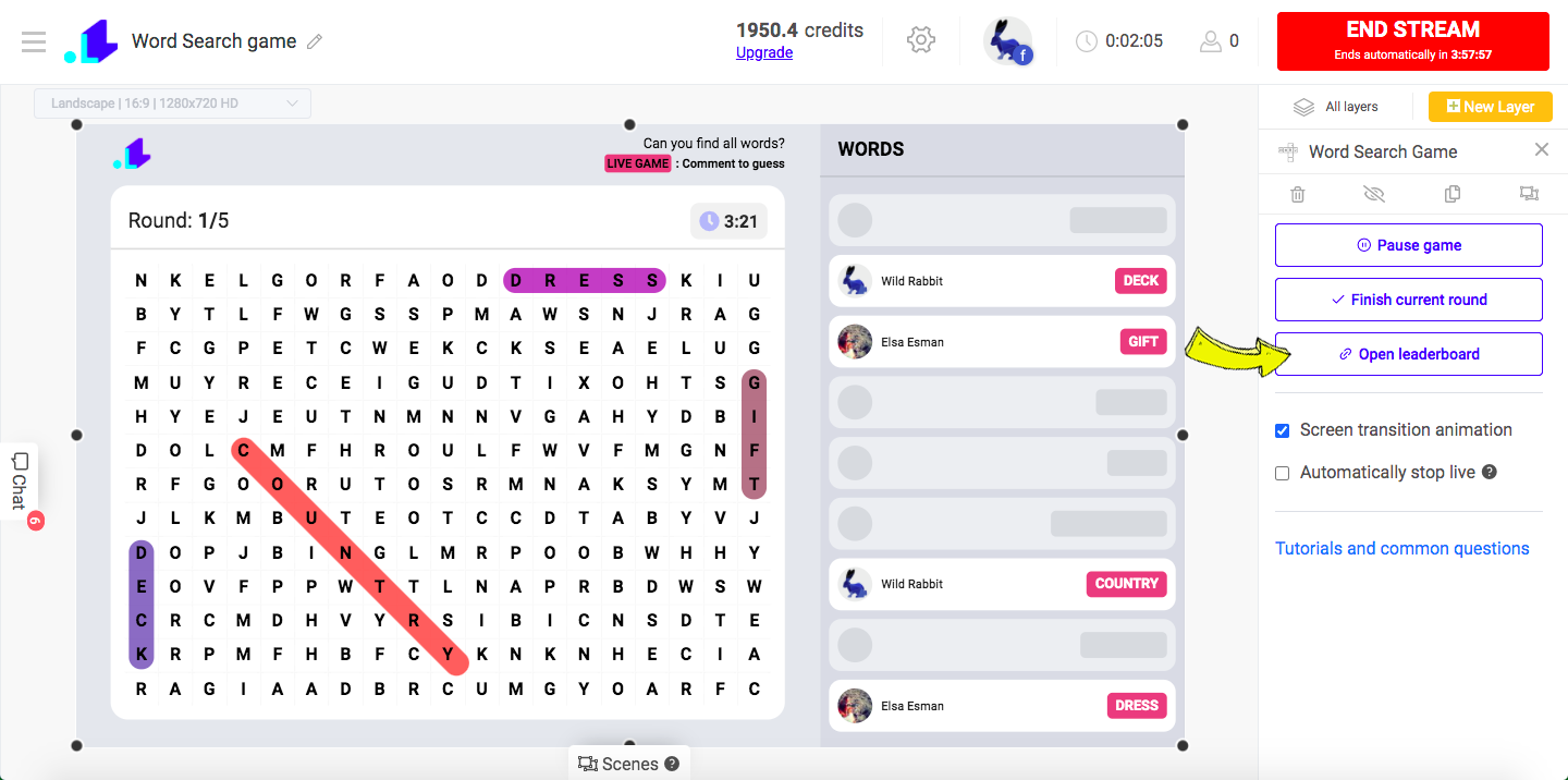 Word search game open leaderboard