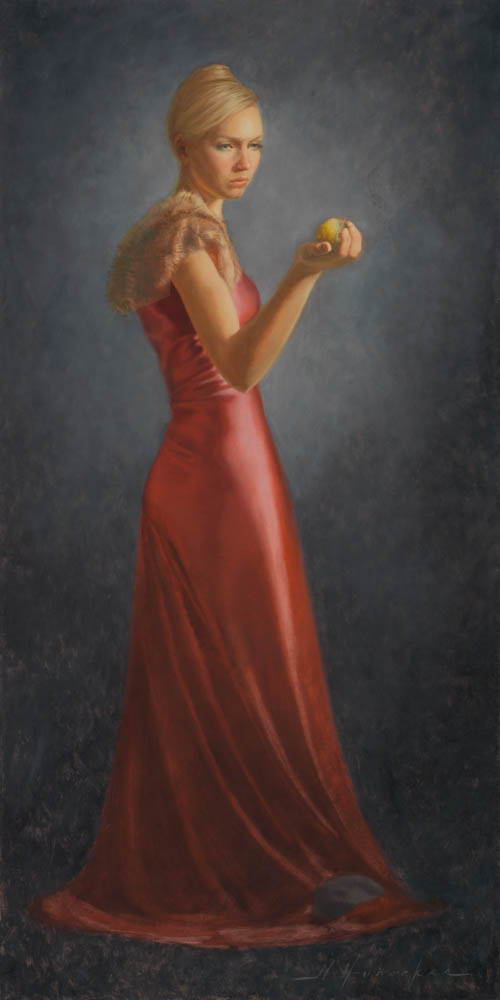 Painting of a young woman in a red dress. A rock is on the hem of her dress and she holds a golden fruit.