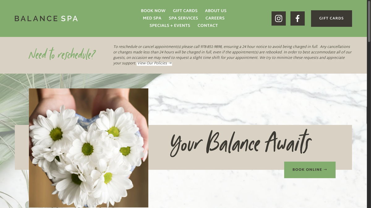 Screenshot of Balance Spa, from the spa websites collection.