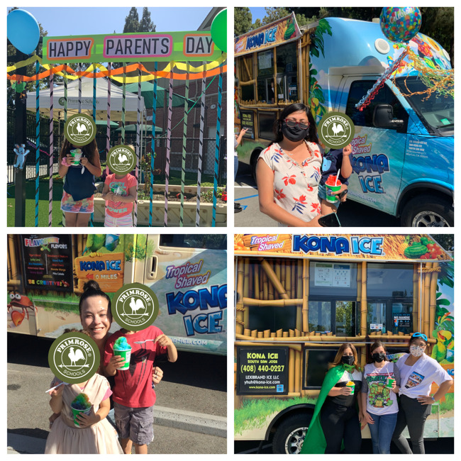 collage of parents and students eating Kona ice snow cones at primrose school of willow glen for parents day 
