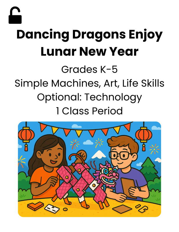Image of two elementary students building a cardboard dancing dragon for a Lunar New Year STEM project, showcasing 3DuxDesign’s simple machines and art-based lesson for grades K–5. A hands-on activity that supports early learning, creativity, cultural awareness, and real-world STEM education in the classroom.