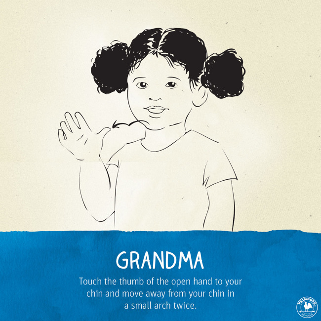 Illustration describing how to sign the word "Grandma"