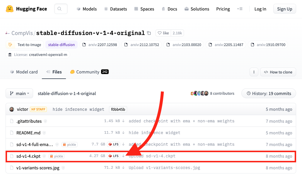 Click the down arrow to download the checkpoint file