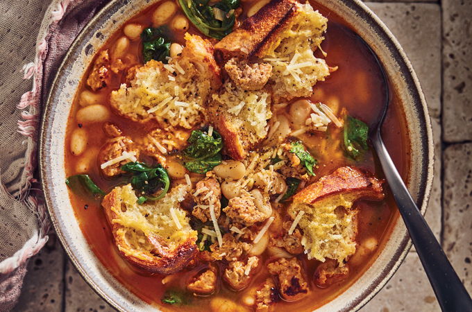 Sausage and White Bean Soup with Parmesan Croutons