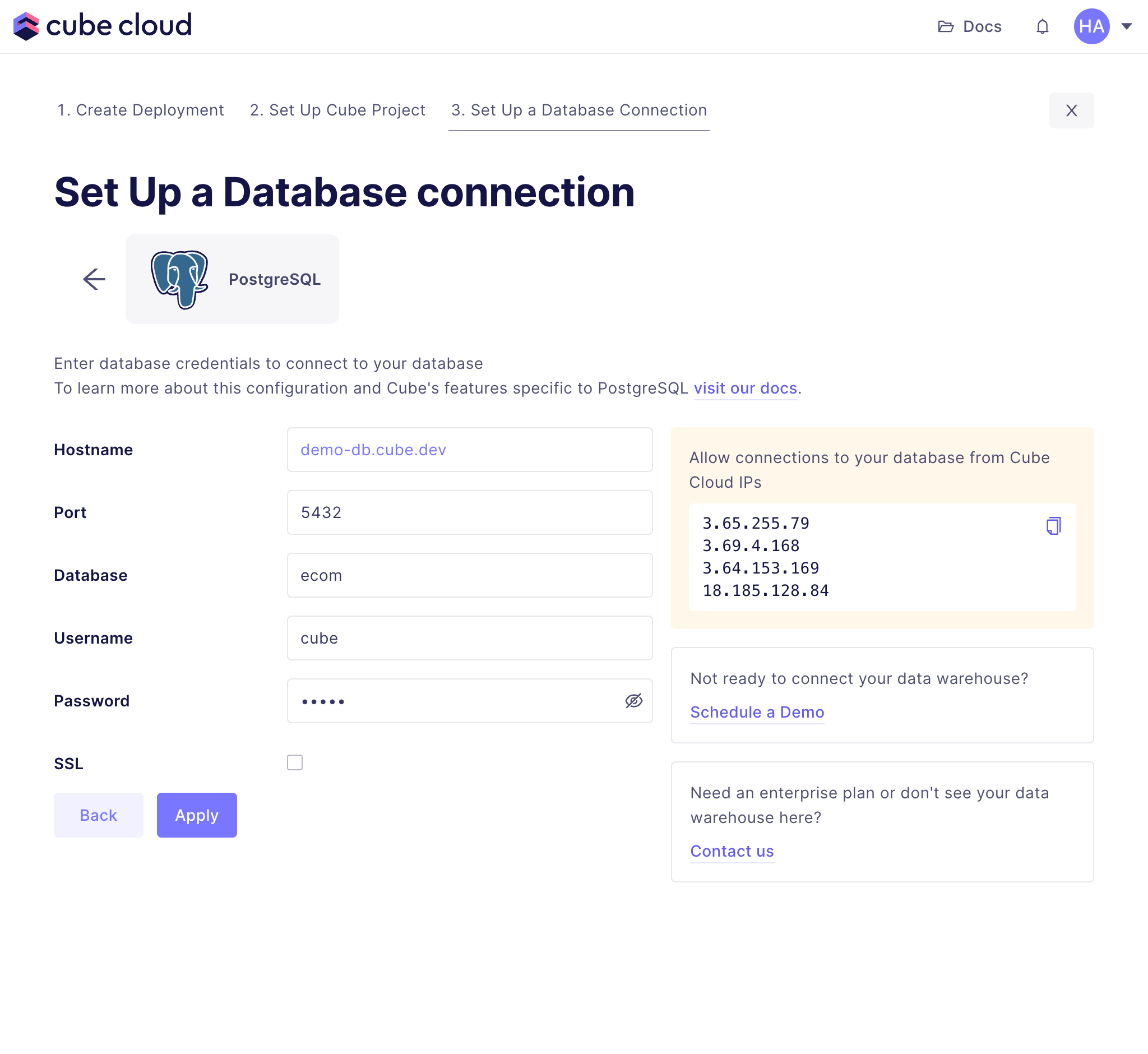 Cube Cloud Setup Database Screen