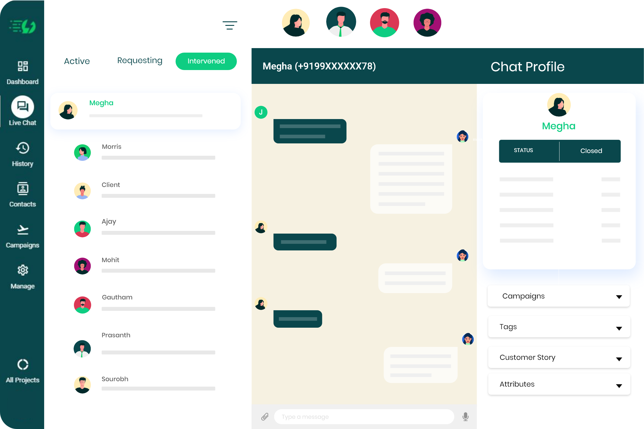 AiSensy Live Chat Dashboard representing Intervened Chats