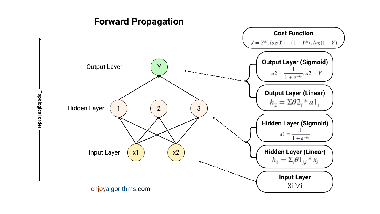 Step-wise calculations in the forward propagation in the defined ANN architecture 