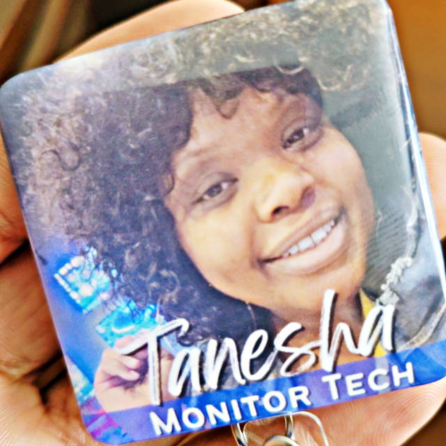 woman face for ID badge monitor tech