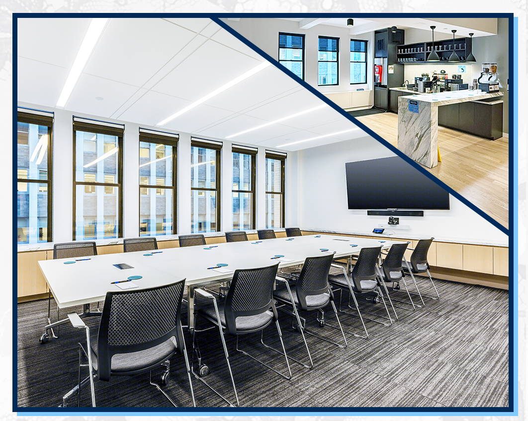 A conference room with a large table, twelves chairs, a mounted screen as well as a pantry area with marble counter, coffee machines, snacks, soda machine and refridgerator