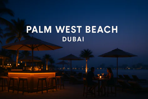 A couple sits at a table enjoying drinks near a warm, lit beach bar at night on Palm West Beach in Dubai, with palm trees and lounge chairs visible.