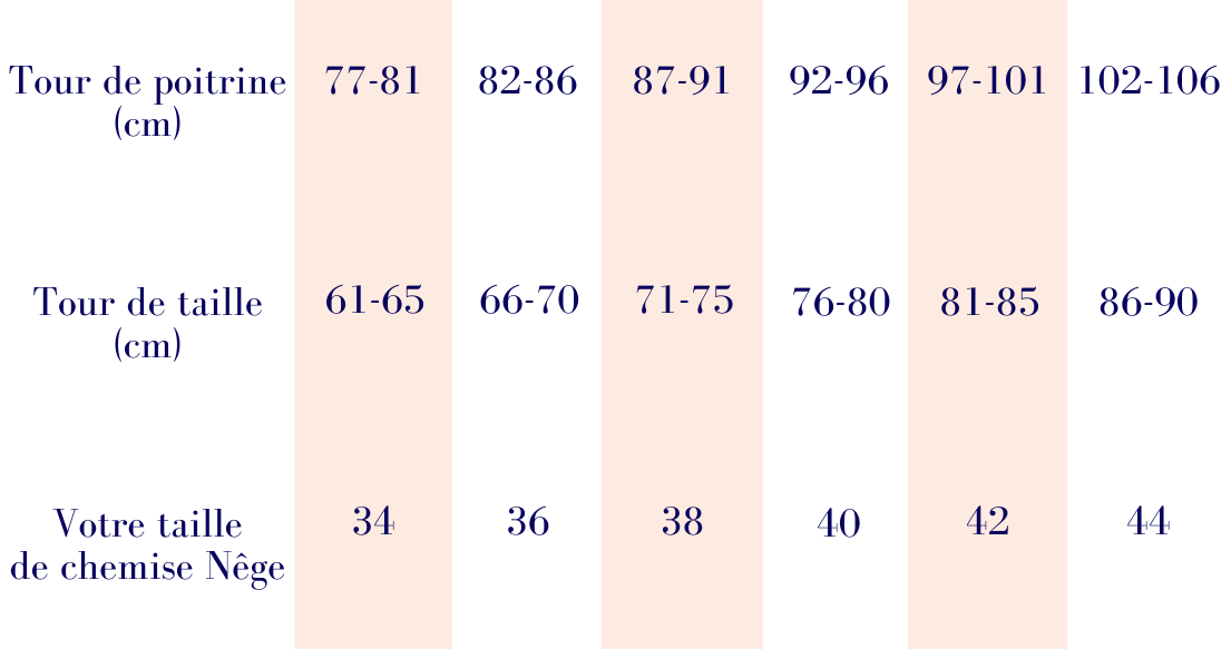 Nêge Paris – Tableau de mesures des tailles de chemise de pyjama