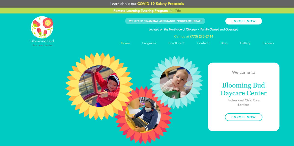 Screenshot of Blooming Bud Daycare Center, from the childcare & daycare websites collection.