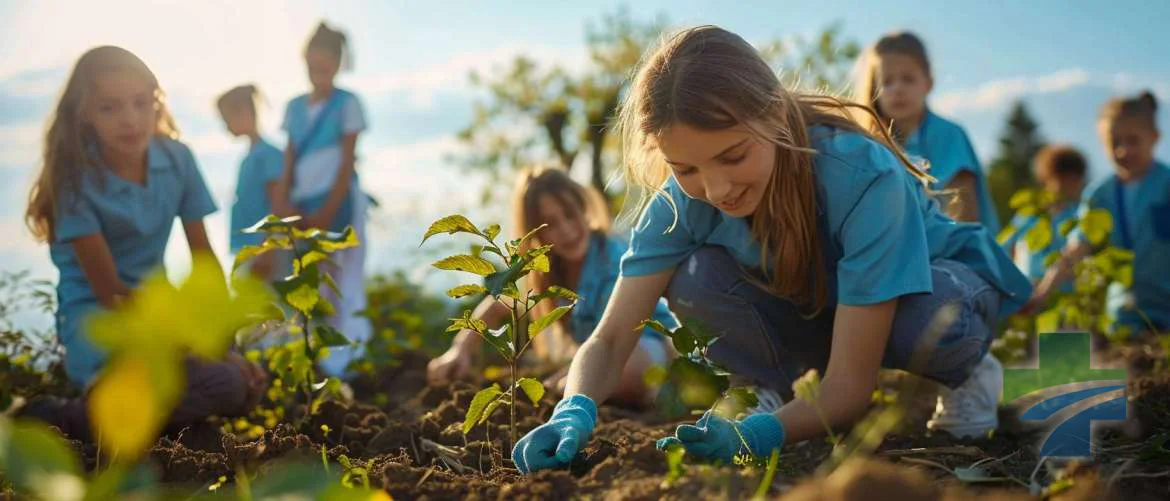 Travel nurses and children planting trees in community garden for sustainability.