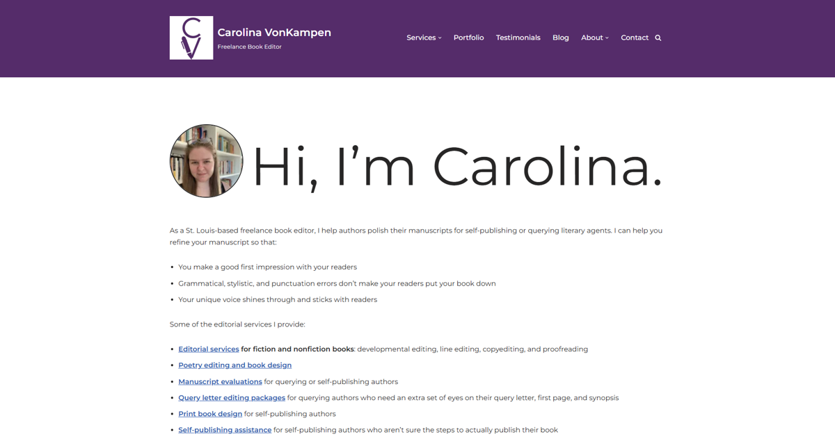 Screenshot of Carolina VonKampen, from the content editor & proofreader portfolios collection.