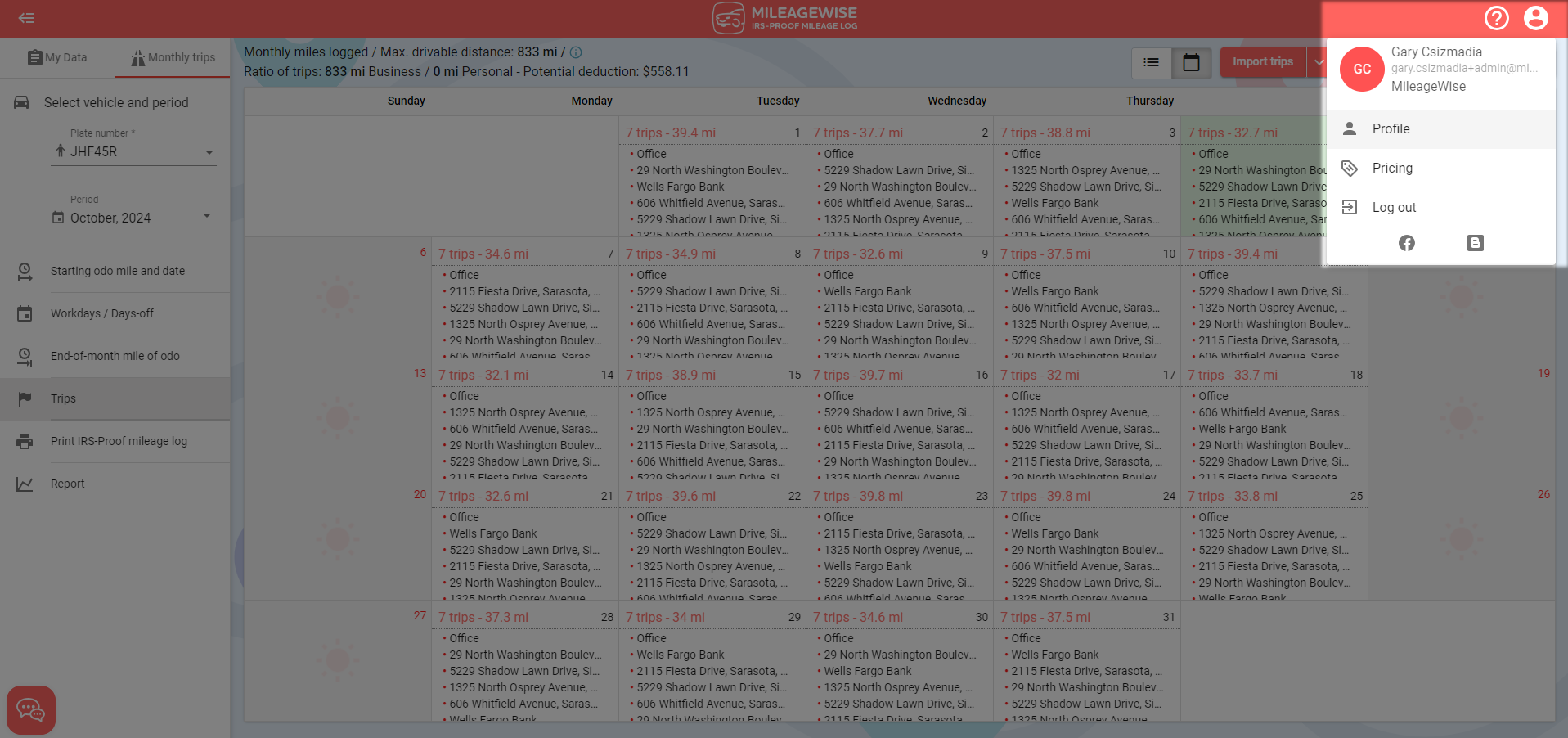 MileageWise profile menu