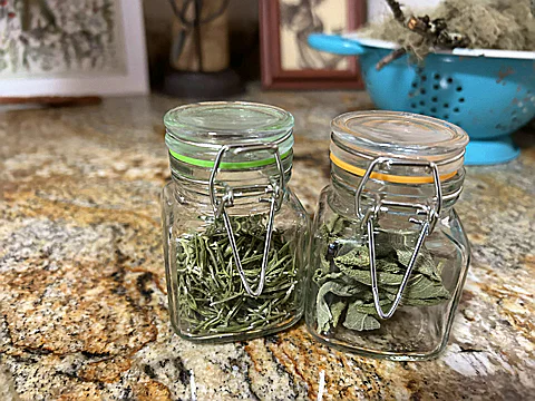 Dried sage and rosemary in airtight glass jars