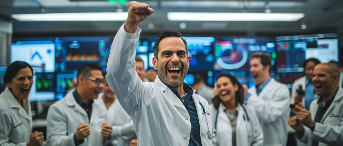Research team celebrating a breakthrough at the LA BioMed facility
