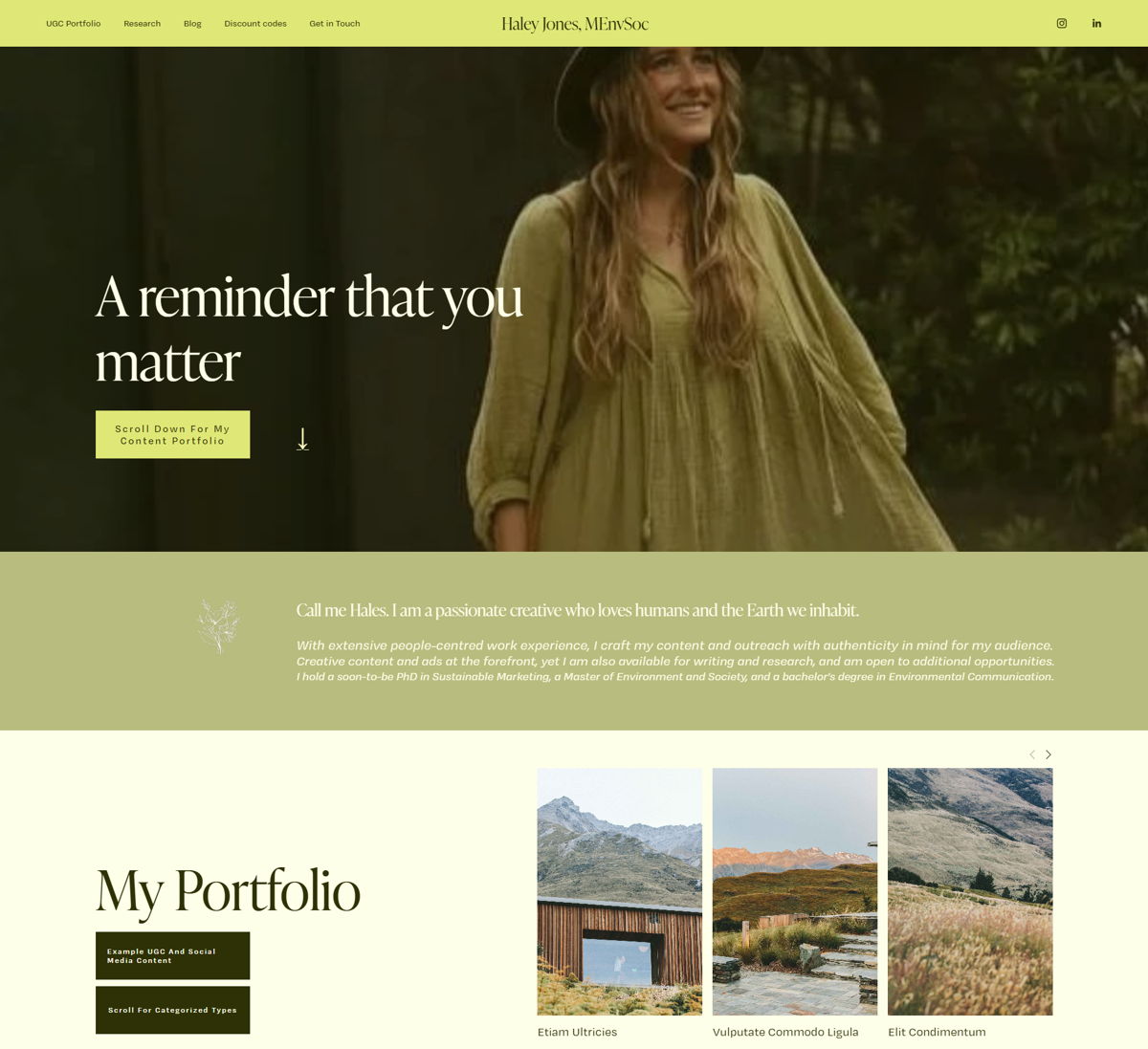 Screenshot of Haley Jones, MEnvSoc, from the ugc portfolio examples collection.