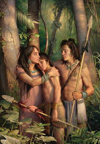 Painting of two of the sons of Helaman saying goodbye to their mother. 