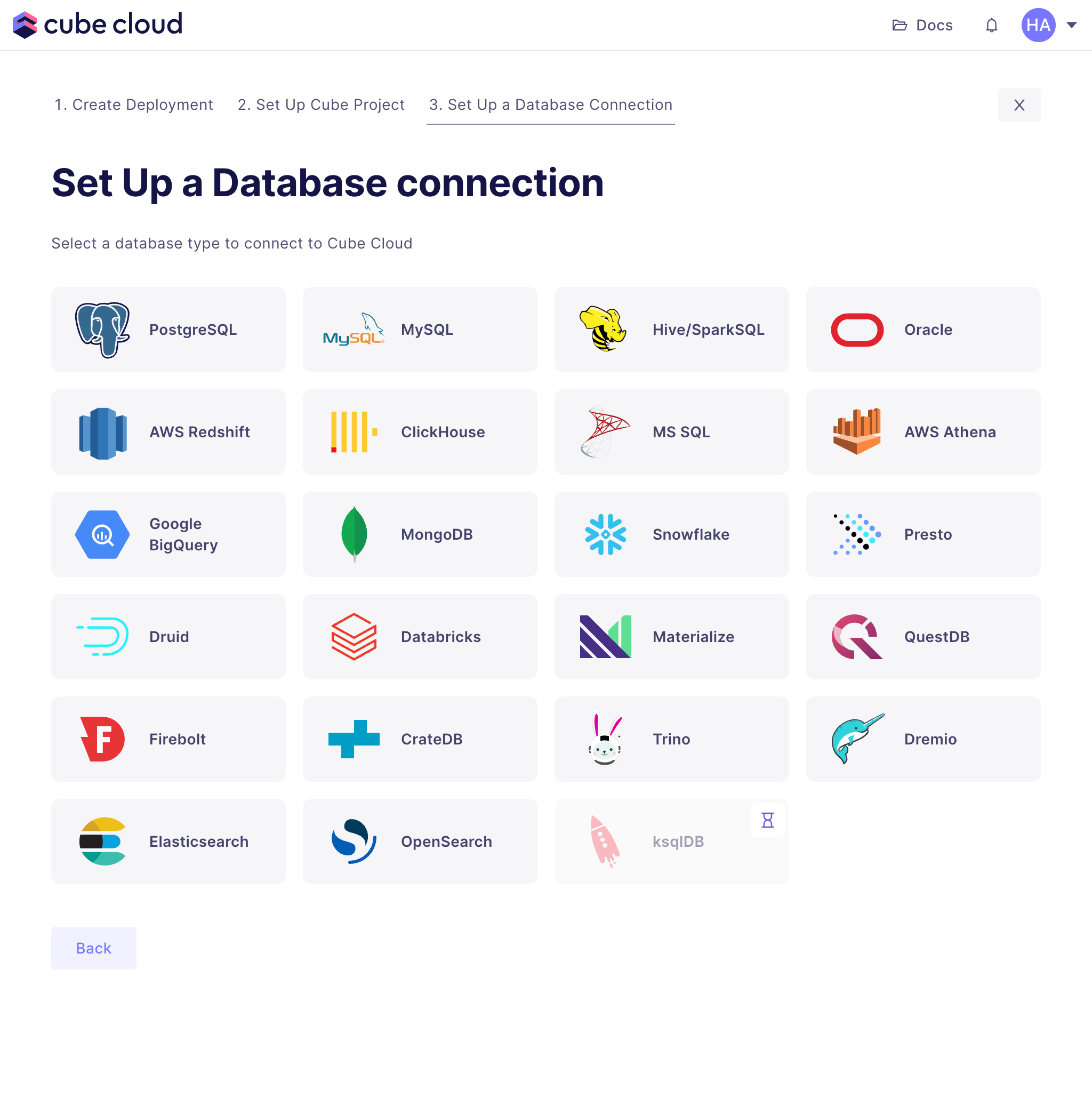 Cube Cloud Setup Database Screen