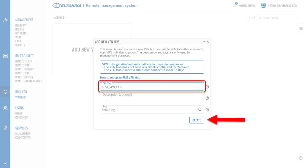 ตั้งชื่อเครือข่าย VPN หลังจากนั้นกดปุ่ม create