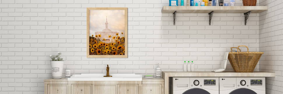 Banner image featuring a photo of the pocatello temple hanging in a decorative laundry room. 