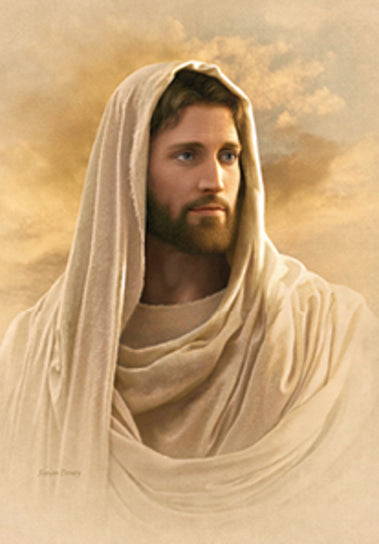 Portrait of Jesus in a cream-colored robe. He has a gentle expression.