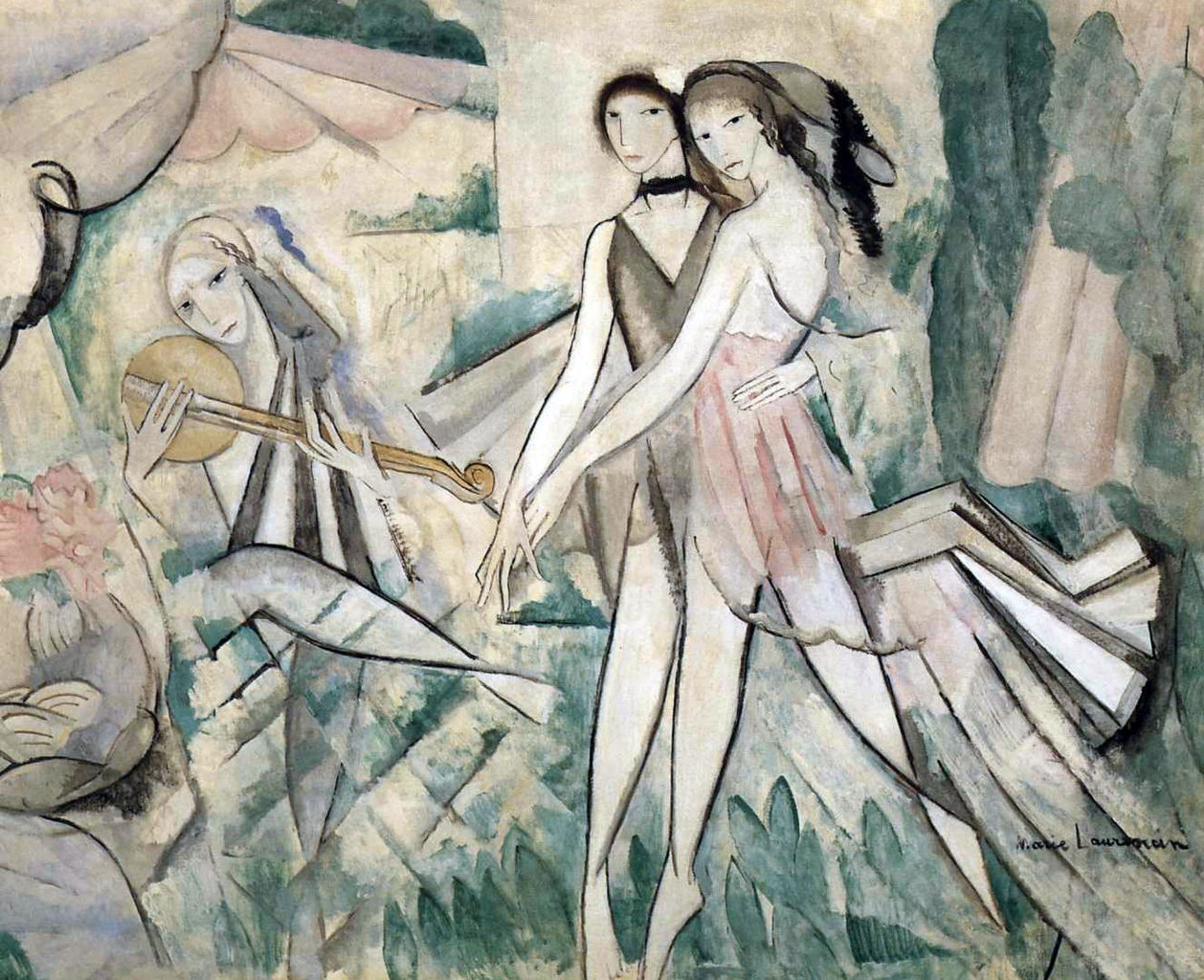 Oil painting of 2 women dancing while a third plays an instrument. The elongated shapes and the muted colors make it dreamy.